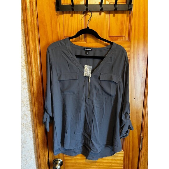 NWT Express Women's Zip Up V Neck Long Sleeve Chiffon Blouse Top - Picture 1 of 4